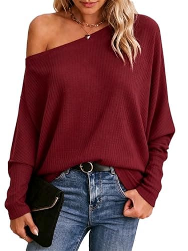 Image of Dressmine Bardot Tops for Women UK Cold Shoulder Tops Ladies Off Shoulder Jumpers Waffle Knit Batwing Tunic Burgundy Spring Clothing Size 8