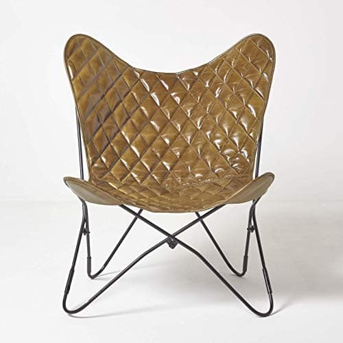 Image of HOMESCAPES Brown Leather Butterfly Chair Vintage Style Retro Armchair with Diamond Pattern & Black Steel Hairpin Legs Real Leather Cowhide Modern BKF Sling Chair Accent Chair Seat, 88 cm Tall