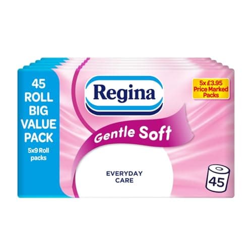 Image of Regina Gentle Soft Toilet Tissue - 45 Rolls of 3 Ply Toilet Paper, 160 Sheets, Soft and Gentle, 30% PCR Plastic Packaging, FSC Certificated