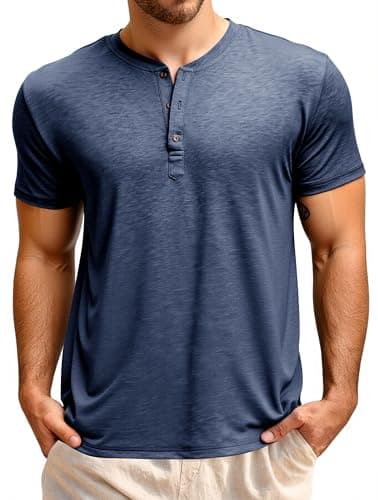 Image of Runcati Men's Short-Sleeved Henley Shirt Summer Regular Fit Tops Men Crew Neck Plain Basic Shirt Casual Tee Tops with Button Placket, darkblue, L