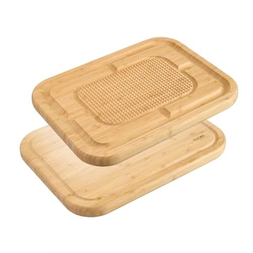Image of Cooks Professional Reversible Bamboo Carving and Chopping Board with Juice Groove, Smooth & Textured Spiked Side | Dual-Sided Antibacterial Non-Porous Wooden Cutting Boards or Serving Tray | 44 x 33cm