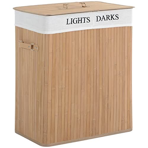 Image of HOMCOM 100L Collapsible Natural Wood Laundry Hamper Organizer Clothes Washing Basket Bin Storage Box w/Lid Removable Lining 52x32x63cm, Wood Color