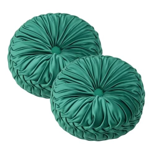 Image of Minifactory 2pcs Washable Round Pumpkin Cushions, Soft Velvet Plush Pillows with Decorative Button, Modern Decorative Throw Pillows for Sofa, Bed, Car & Home Decor (Dark Green)