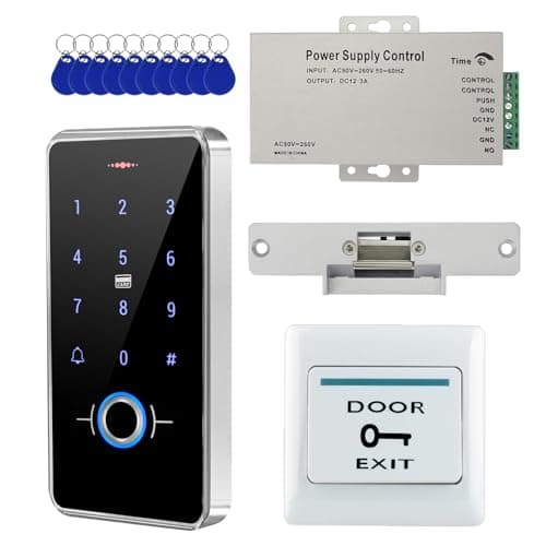 Image of ReaIOKbii IP68 Waterproof Outdoor Fully Fingerprint Door Access Control System Kit – RFID Keypad Entry with NC Electric Strike Lock, 13.56MHz, DC12V Power Supply, Exit Button & 10 Key Fobs