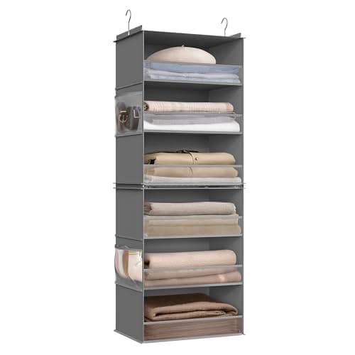 Image of SONGMICS Hanging Wardrobe Organiser, 6-Tier Fabric Storage Shelf, Separable Closet Hanging Shelf with Side Pockets, Foldable, Metal Hooks and Bamboo Inserts, Dove Grey RCH007G01