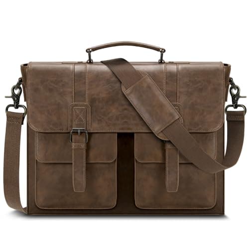 Image of RAINSMORE Messenger Bag Briefcase for Men Waterproof PU Leather Laptop Bag 15.6 Inch Vintage Satchel Bag for Work Business Office College Dark Brown