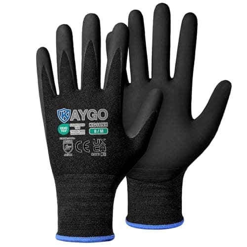 Image of KAYGO Safety Work Gloves MicroFoam Nitrile Coated 3 Pairs, KG18N, Seamless Knit Nylon Glove with Abrasion and Oil Resistant Grip, Ideal for General Purpose, Automotive, DIY (Medium, Black)