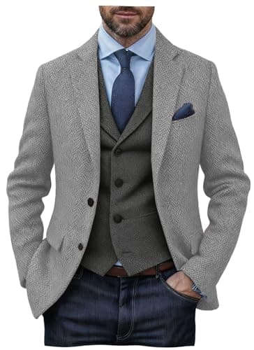 Image of DRCUIVS Men's Herringbone Tweed Blazer Wool Blend Tailored Fit Single Breasted Two Button Suit Jacket Business, Light Gray, L