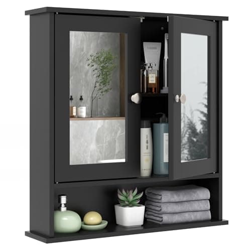 Image of RELAX4LIFE Bathroom Mirror Cabinet, Wall Mounted Display Organizer Unit with Mirror, Double Door & Adjustable Shelf, Wooden Storage Cupboard for Bathroom Kitchen Living Room (Black)