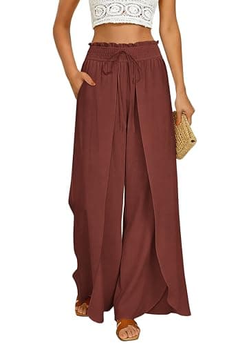 Image of GRACE KARIN Womens Wide Leg Summer Pants Flowy Side Split Palazzo Beach Pants Boho Drawstring High Waisted Trousers Orange Red L