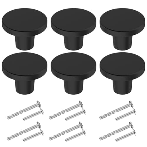 Image of BIGLUFU 6 Pcs Brass Drawer Knobs, 1"/25mm Round Kitchen Cabinet Knobs, Furniture Door Handles Cupboard Pulls with Screws, Brushed Finish (Black)