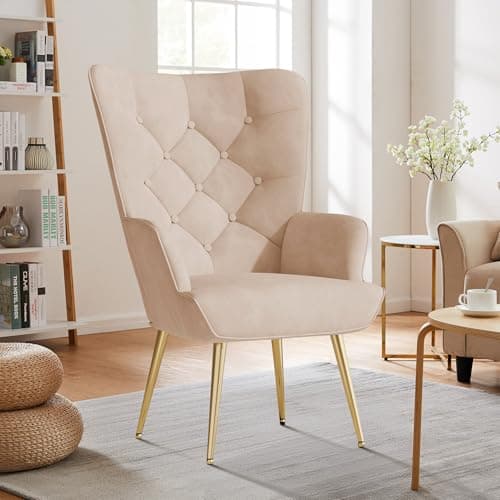 Image of Aivermeil Armchair Tub Chair,with Footstool,High back with gold legs Comfy,Leather Chair, for Bedrooms, Living rooms,Relaxation,150kg Load Capacity Kaki (no footstool)