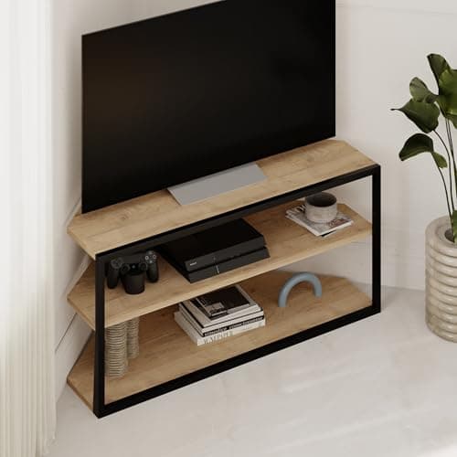 Image of HOCUS PICUS Modern Corner TV Stand for TVs up to 43 Inches, TV Cabinet Entertainment Center with Storage Shelf, Metal Frame, Particleboard TV Unit for Living Room Bedroom (Oak)