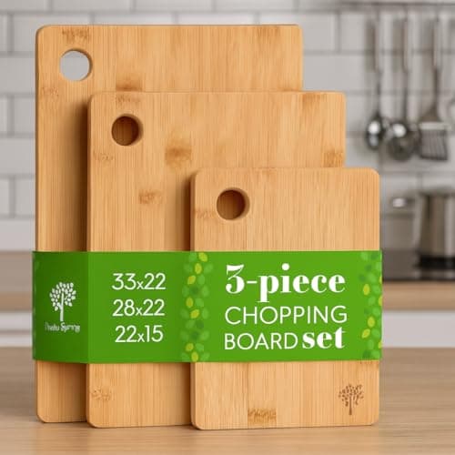 Image of Nicola Spring 3 Piece Bamboo Chopping Board Set - 33x22cm | 28x22cm | 22x15cm - Extra Thick Natural Wooden Chopping Boards - Premium Kitchen Butcher Carving Wood Block Cutting Mat Tray Worktop Saver