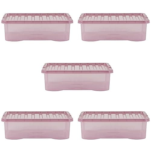 Image of Wham Crystal 5 x 32L Stackable Plastic Storage Boxes with Lids | Ideal for Home, Office, Toys & More | Medium Boxes | Made in UK - Dusky Orchid