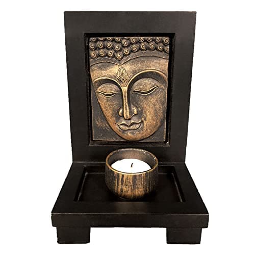 Image of Buddha Head Tea Light Candle Holder, Zen Meditation Stone Candle Stand with Wood Shelf Base, for Yoga & Spiritual Room (Bronze)