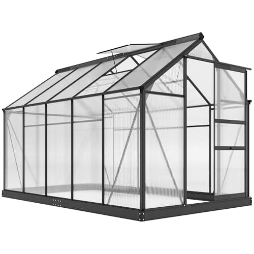 Image of Outsunny 6 x 10ft Polycarbonate Greenhouse, Large Walk in Green House with Slide Door and Window, Garden Plants Grow House with Aluminium Frame and Foundation, Grey