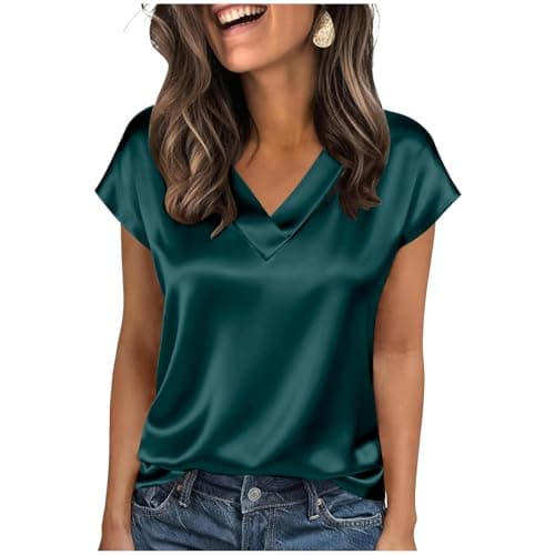 Image of Satin T Shirt V Neck Silk Satin Short Sleeve Silk Blouse Summer Casual Office Work Shirt Classy Casual Outfits Ladies Top Blouses Ladies Tops for Party Evening Formal Occasions Green