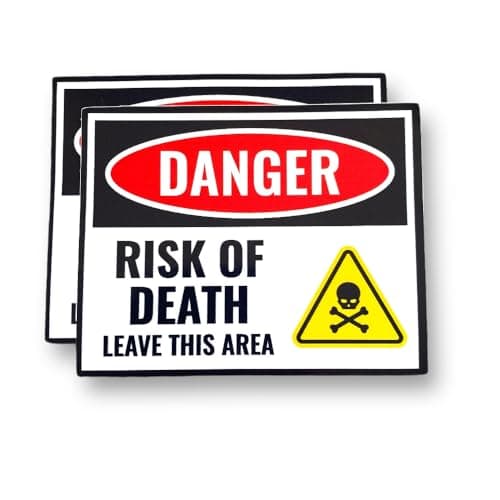 Image of 2 PACK - Small 100mm X 80mm DANGER RISK OF DEATH Self Adhesive Stickers - Sign, Private Property, Surveillance, Danger, Skull, Warning SG252