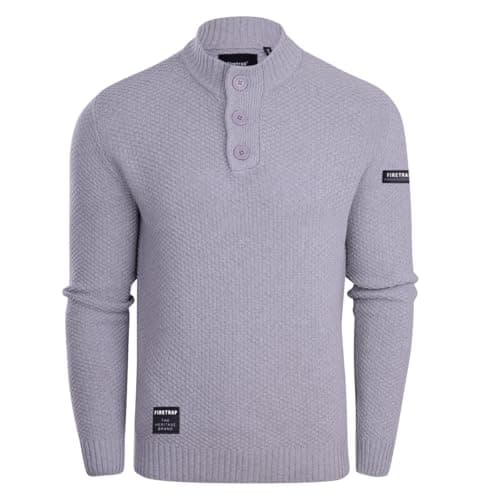 Image of Firetrap Mens 3 Button Funnel Neck Jumper Pullover Winter Sweaters Cotton Blend Jumpers Quarter Half Button Men Top Jumoers Designer Smart Top Knitted Knitwear Sweatshirt Jumpers for Men Grey XXL