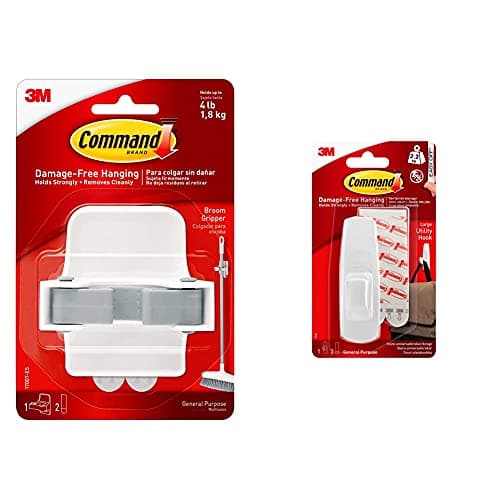 Image of Command 17007-ES Broom Gripper, 1 Broom holder and 2 Adhesive Strips, Suitable for storing brooms and mops up to 1.8 kg & 17003 Large Hook Hanging Strips - White, Pack of 1