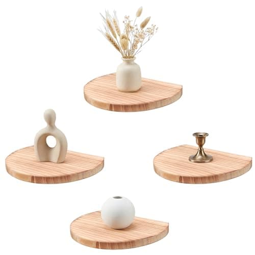 Image of PHOENANCEE 19.3X15cm Wooden Round Floating Shelves, Compact Style Mini Wall Shelf for Small Objects, Hanging Wall Shelf Decoration for Bedroom, Living Room, Set of 4(Carbonized Black)