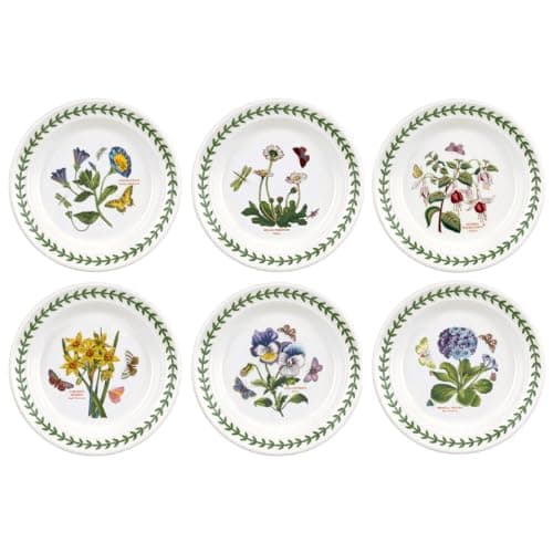 Image of Portmeirion x Botanic Garden Set of 6 Side Plates - White Dessert Plates with Elegant Laurel Leaf Border and Floral Design, Suitable for Everyday Dining or Picnics, Made in England, Size 16.5cm