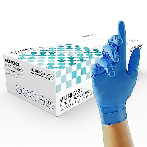 Image of Unigloves Unicare Nitrile Examination Disposable Gloves - Multipurpose, Powder Free, Medical Gloves - Box of 100 Gloves, Blue, Medium (GS0033)