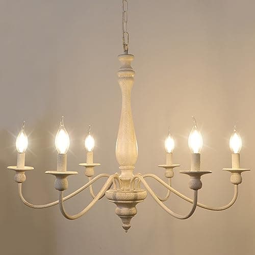 Image of LynPon Wood Farmhouse Chandelier Distressed White French Country Industrial Lamp Ceiling 6-Light Vintage Rustic Retro Pendant Lighting for Dining Living Room Bedroom