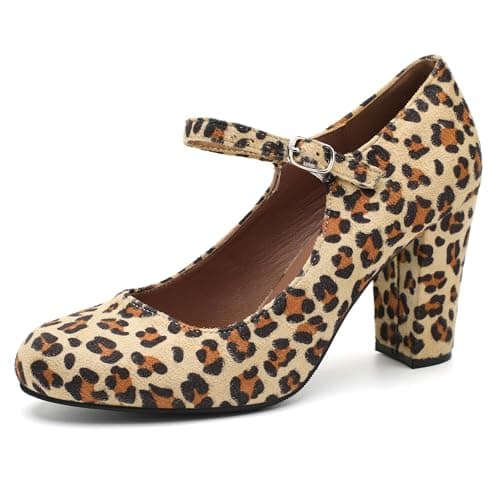 Image of MAIERNISI JESSI Women's Closed Toe Ankle Strap Block Heel Round Toe Chunky High Heel Mary Jane Pumps, Suede Leopard, 6 UK