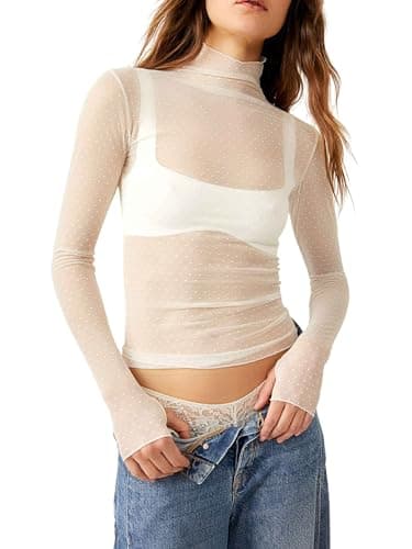 Image of Springcmy Women Sexy Mock Turtle Neck Long Sleeve Sheer Mesh Ruched See Through Swiss Dots Going Out Layering Slim Fit Tops Streetwear (A-White, L)