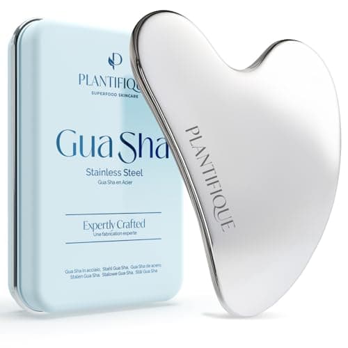 Image of PLANTIFIQUE Stainless Steel Gua Sha Facial Tool – Skin Massage Tool for Face, Body, Eyes & Neck – Heart-Shaped with Travel Pouch, Skincare Gift for Women & Men