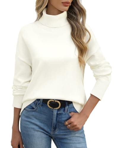 Image of PASUDA Women's Jumpers Turtle Neck Sweaters Winter Long Sleeve Tops Autumn Soft Pullover Elegant Ladies Jumper Casual Loose Sweatshirts Knit Pullover Tops(White,XL)