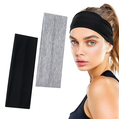 Image of Sularpek 7.5cm Wide Stretchy Fabric Headbands, 2 Pack for Women - Unisex Breathable Headbands for Makeup, Yoga, Running, Workout (Black Grey)