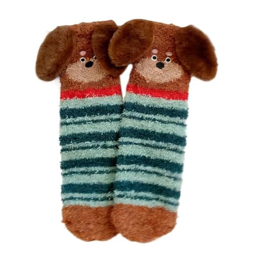 Image of Qubitly Green Striped Dachshund Fluffy Socks, Warm Animal Socks Women, Coral Fleece Slipper Socks, Sausage Dog Socks with 3D Print, Cosy Dachshund Gifts for Dog Lovers