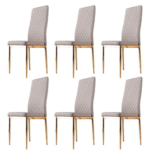 Image of Furniturebox UK Dining Chairs - Milan Modern Stylish Gold Hatched Diamond Faux Leather Dining Seats Set (6x Cappuccino Grey Milan Gold Chairs)