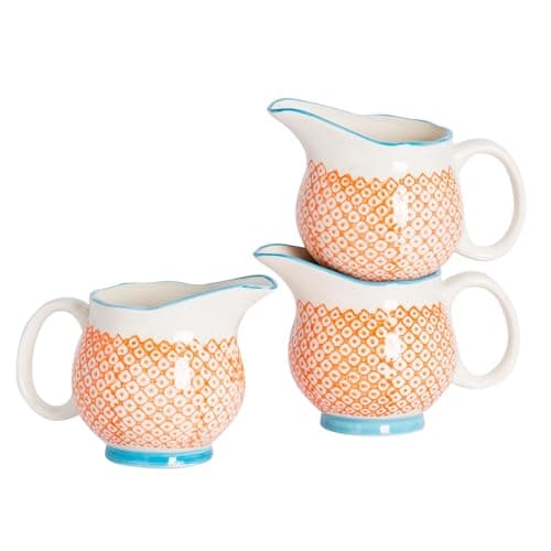 Image of Nicola Spring Hand-Printed Milk Jugs - 300ml - Pack of 3 - Orange Decorative Porcelain Dishwasher Safe Floral Pattern Tableware Cappuccino Coffee Milk Pitcher Jugs with Handle