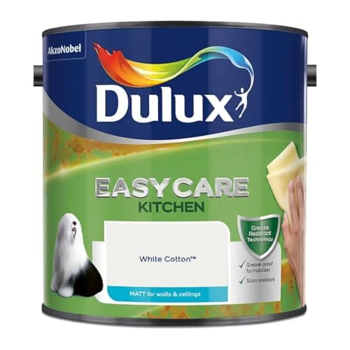 Image of White Cotton Dulux Easycare Kitchen Matt Emulsion Paint 2.5L – Grease & Stain Resistant, Washable Matt Finish, Durable Interior Paint for Kitchen Walls & Ceilings
