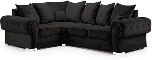 Image of VERONA GREY SUEDE FABRIC LARGE CORNER SOFAS Scatter Back Suite Set Living Room Furniture (Black, RIGHT HAND SIDE 220X160 Cm)