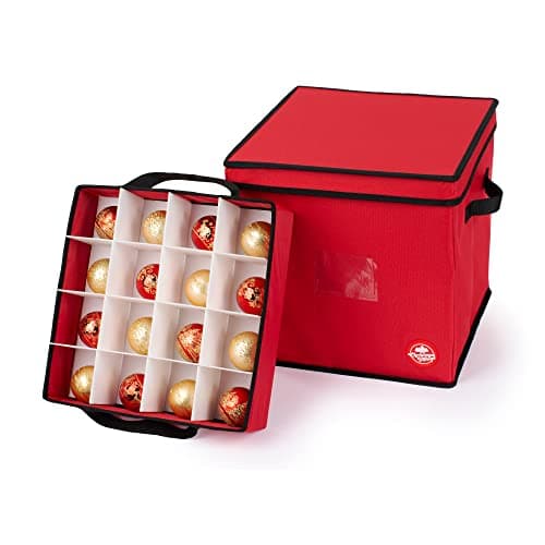 Image of Christmas Village 64 Bauble Storage Bag with Adjustable Dividers, Removable Lid – 600D Fabric Premium Bag for Xmas Tree Decors Organisers, Festive Ball Holder & Carry Handles (Red, w/Pull Out Trays)