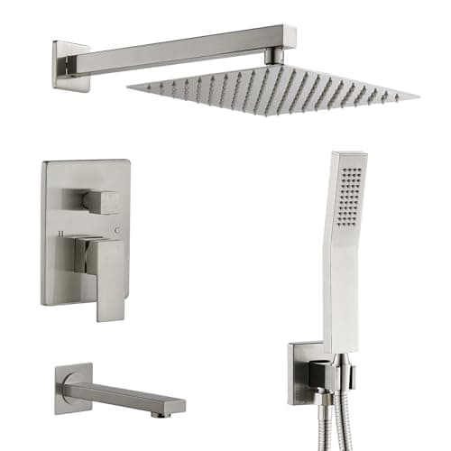 Image of KINKIBOS Concealed Shower System Wall Mounted, 3-Function Shower System with 12 Inch High Pressure Rainfall Shower Head, Handheld Shower and Bathtub Spout, Brass Shower Mixer Set, Brushed Nickel
