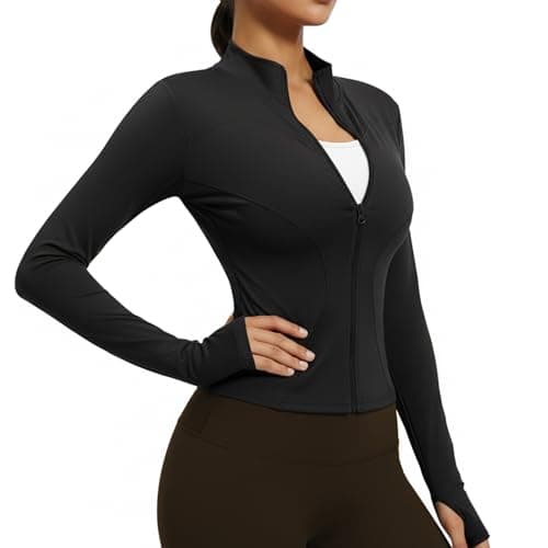 Image of WUDEUI Womens Running Gym Jackets, Zip Up Long Sleeve Sports Tops, Slim Activewear with Thumb Holes for Ladies Fitness Workout Yoga