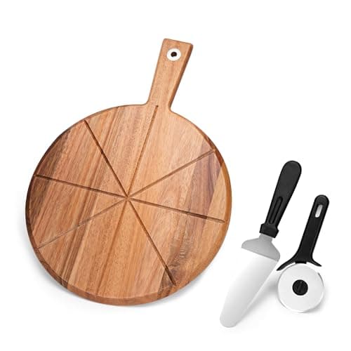 Image of Acacia Wood Pizza Board, 12 inch Pizza Board Set with Pizza Cutter and Pizza Spatula, Round Pizza Serving Board with Handle, Pizza Cutting Board for Bread, Vegetables, Camping, RV