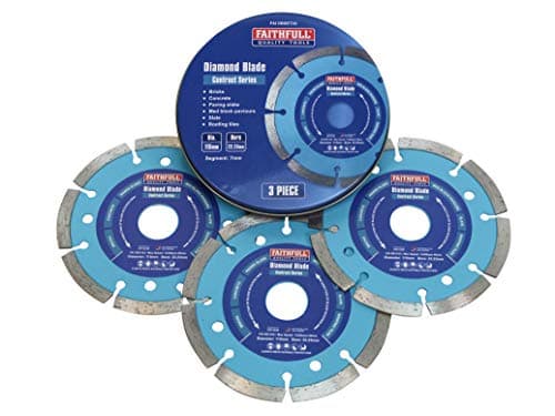 Image of Faithfull FAIDBSET3C Paving Slab, Concrete, Brick and Roofing Tiles, General Purpose Diamond Cutting Blade Triple Pack 115mm (4.5 Inch) with Storage Tin, Blue