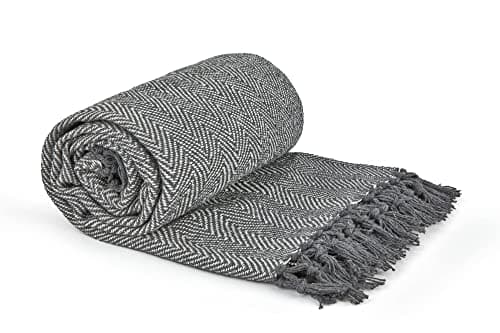Image of Emma Barclay Herringbone - Recycled Cotton Patterned Chair Sofa Setee Bed Throw Over Blanket in Silver Grey - 50x60 (127x152cm)