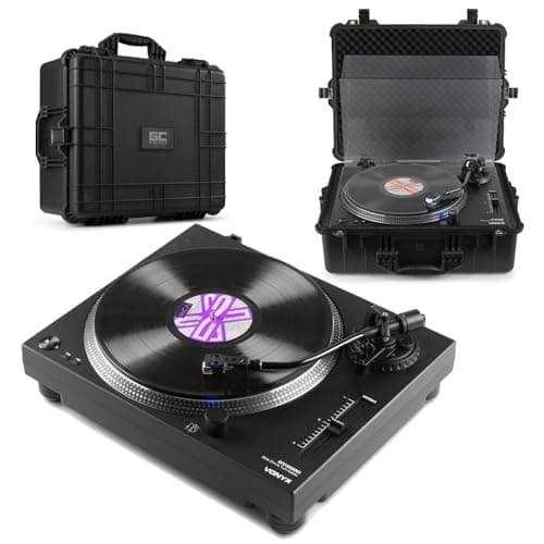 Image of 2x Direct Drive DJ Turntables with Hard Cases, Vinyl DJ Decks Setup with USB Recording, Phono Line Preamp, Audio-Technica Cartridge, Pitch Control and Dust Covers