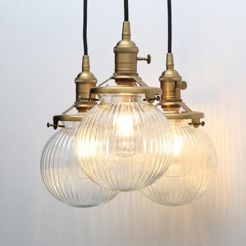 Image of Yosoan Vintage Ribbed Glass 3 Ceiling Pendant Light with Globe Lampshade, Industrial Hanging Light Fitting Chandelier for Kitchen Island Dining Room Living Room Bedroom (Antique Gold)