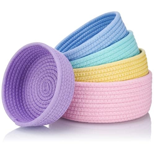 Image of NiHome 5-Pack Round Cotton Rope Storage Baskets for Organizing, Cotton Rope Woven Bin Set in Assorted Sizes, Stackable Open Bins for Countertops, Shelves, Bedroom & Closet, Home Decor (Rainbow)