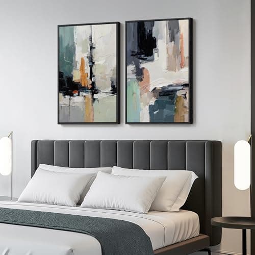 Image of Framed Colorful Abstract Wall Art for Bedroom, Set of 2 Modern Canvas Prints Paintings Artwork for Walls, Bright Blue Green Multicolor Pictures for Living Room, Dining Room, Bathroom Wall Decor 16x24