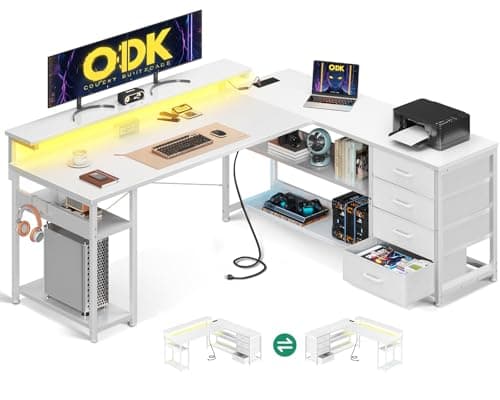 Image of ODK Corner Desk with Drawers, L Shaped Gaming Desk with LED Lights & Power Outlets, Reversible Computer Desks for Home Office Workstation, Office Desks with Monitor Shelf, 155×110 cm, White